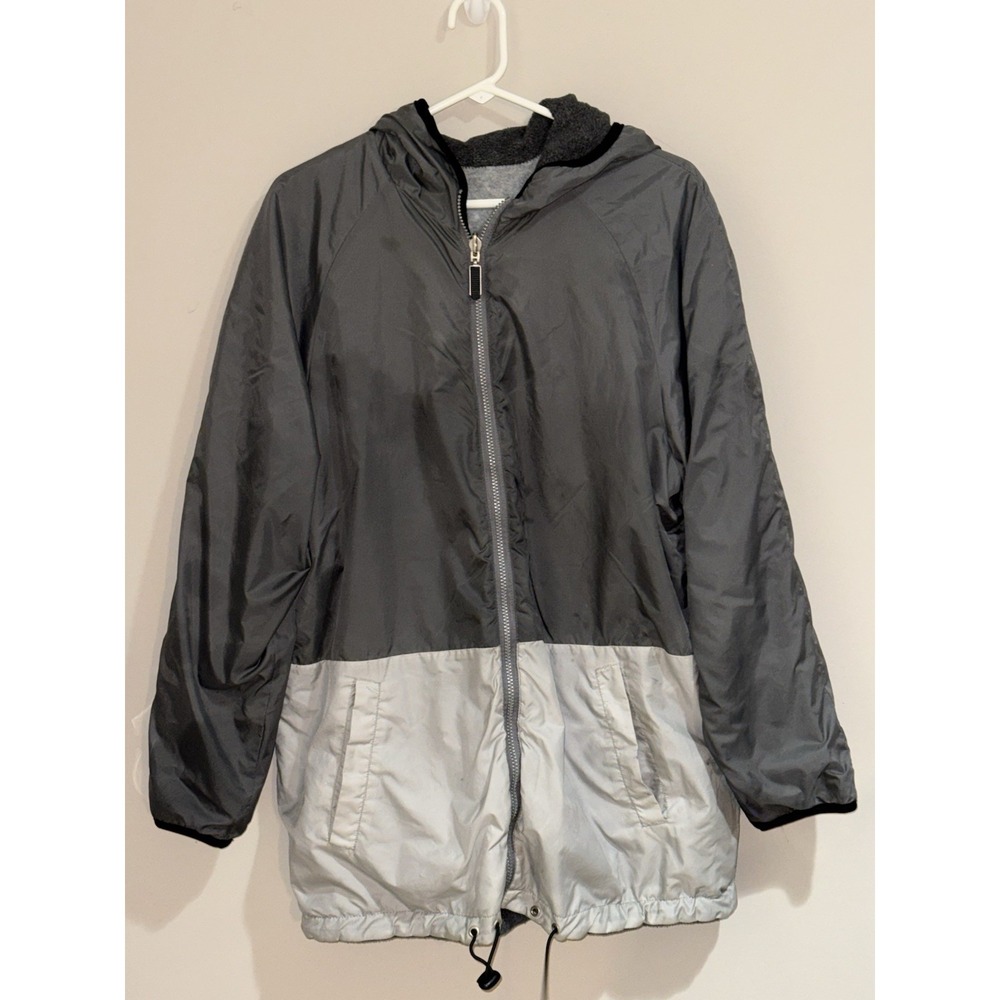 Vintage CS Signature L Black- Gray Reversible Fleece Windbreaker Hooded Jacket